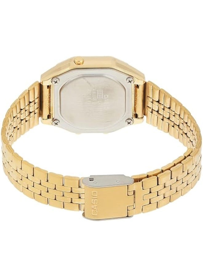 Casio Unisex Vintage Mini Octagonal Digital Watch, Gold-tone Floral LCD Dial, Gold Ion-Plated Stainless Steel Bracelet, Amber LED Light, 3ATM Water Resistant LA-680WGA-4C - Image 2