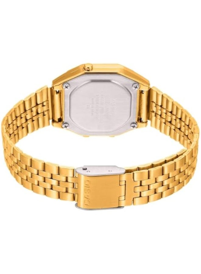 Casio Unisex Vintage Mini Octagonal Digital Watch, Gold-tone Floral LCD Dial, Gold Ion-Plated Stainless Steel Bracelet, Amber LED Light, 3ATM Water Resistant LA-680WGA-4C - Image 3