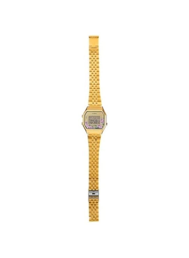 Casio Unisex Vintage Mini Octagonal Digital Watch, Gold-tone Floral LCD Dial, Gold Ion-Plated Stainless Steel Bracelet, Amber LED Light, 3ATM Water Resistant LA-680WGA-4C - Image 4