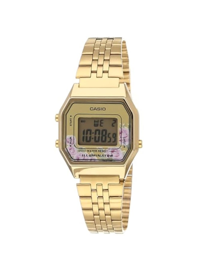 Casio Unisex Vintage Mini Octagonal Digital Watch, Gold-tone Floral LCD Dial, Gold Ion-Plated Stainless Steel Bracelet, Amber LED Light, 3ATM Water Resistant LA-680WGA-4C - Image 1