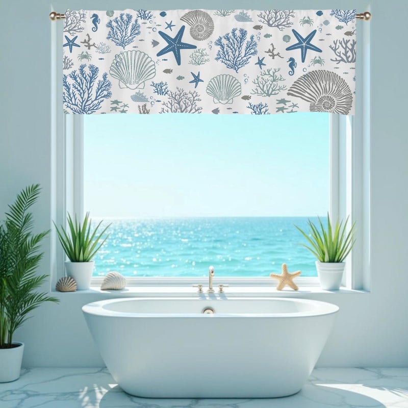 SIOQCKIS Coastal Valances for Windows, Summer Nautical Valances for Windows, Blue Seaside Valance Curtains Ocean Starfish Shell Kitchen Window Decor Conch Coral Living Room Bedroom Bathroom 51x18in - Image 5