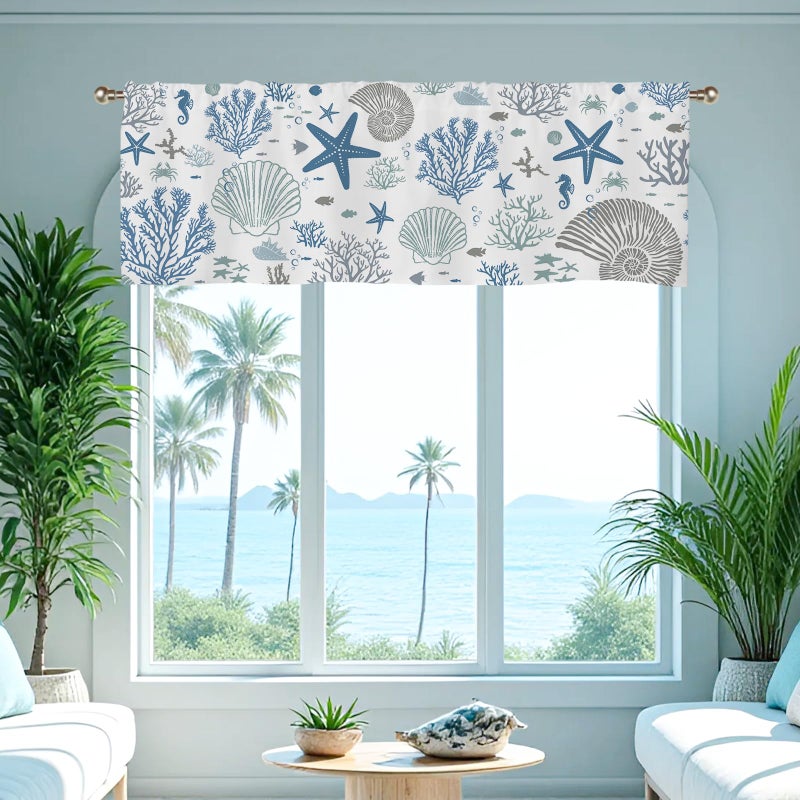 SIOQCKIS Coastal Valances for Windows, Summer Nautical Valances for Windows, Blue Seaside Valance Curtains Ocean Starfish Shell Kitchen Window Decor Conch Coral Living Room Bedroom Bathroom 51x18in - Image 4