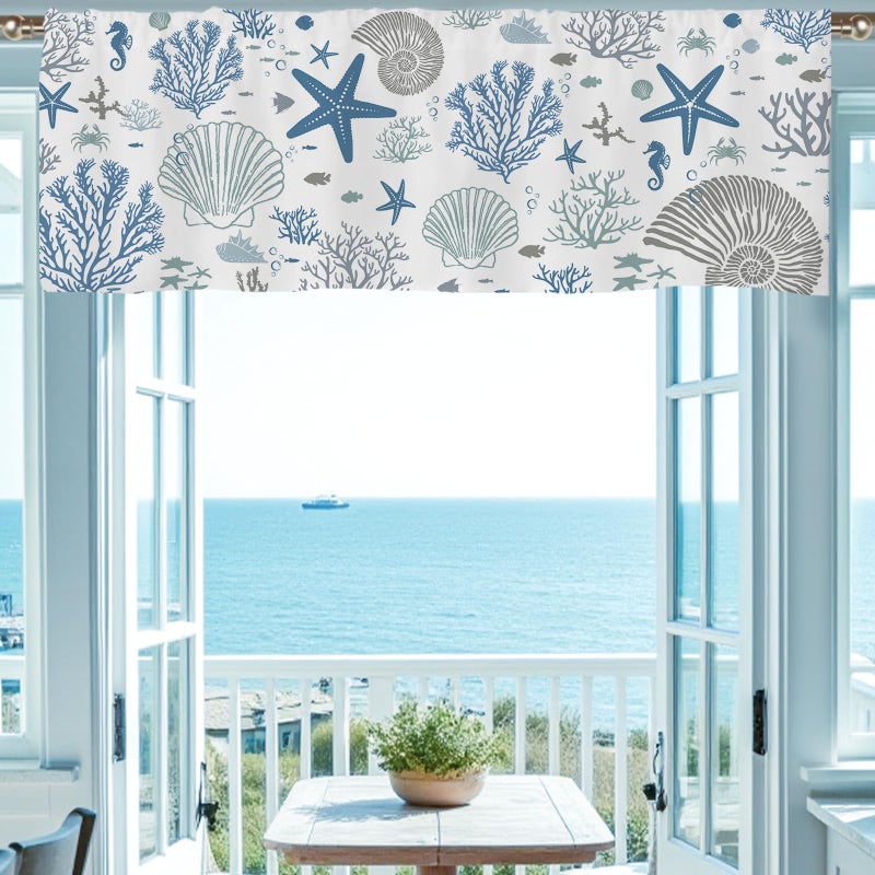 SIOQCKIS Coastal Valances for Windows, Summer Nautical Valances for Windows, Blue Seaside Valance Curtains Ocean Starfish Shell Kitchen Window Decor Conch Coral Living Room Bedroom Bathroom 51x18in - Image 1