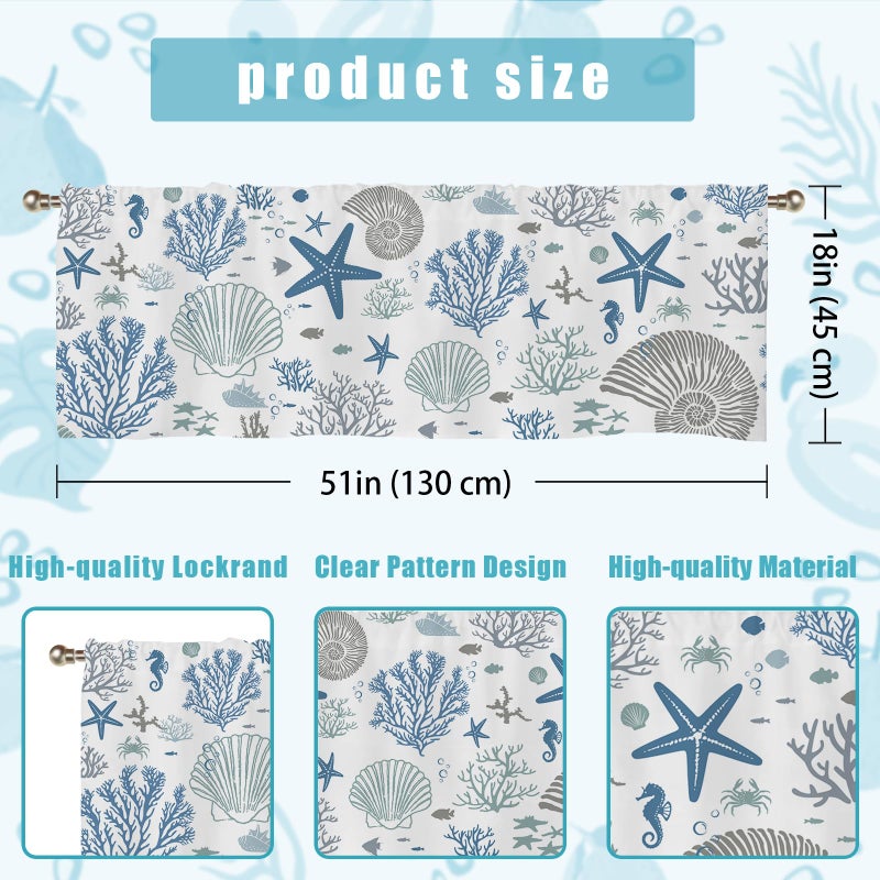 SIOQCKIS Coastal Valances for Windows, Summer Nautical Valances for Windows, Blue Seaside Valance Curtains Ocean Starfish Shell Kitchen Window Decor Conch Coral Living Room Bedroom Bathroom 51x18in - Image 3