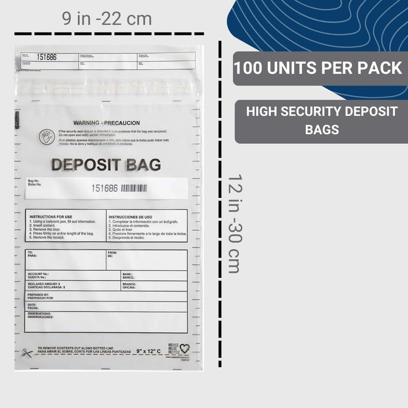 US PACK SMART Clear Plastic Deposit Bags 9"x12" | Secure Bank Deposits, Cash Handling or Safe Currency Transportation | Sequential Barcodes | Tamper-Evident | Tear-Off Receipt for Security | 100-Pack - Image 1