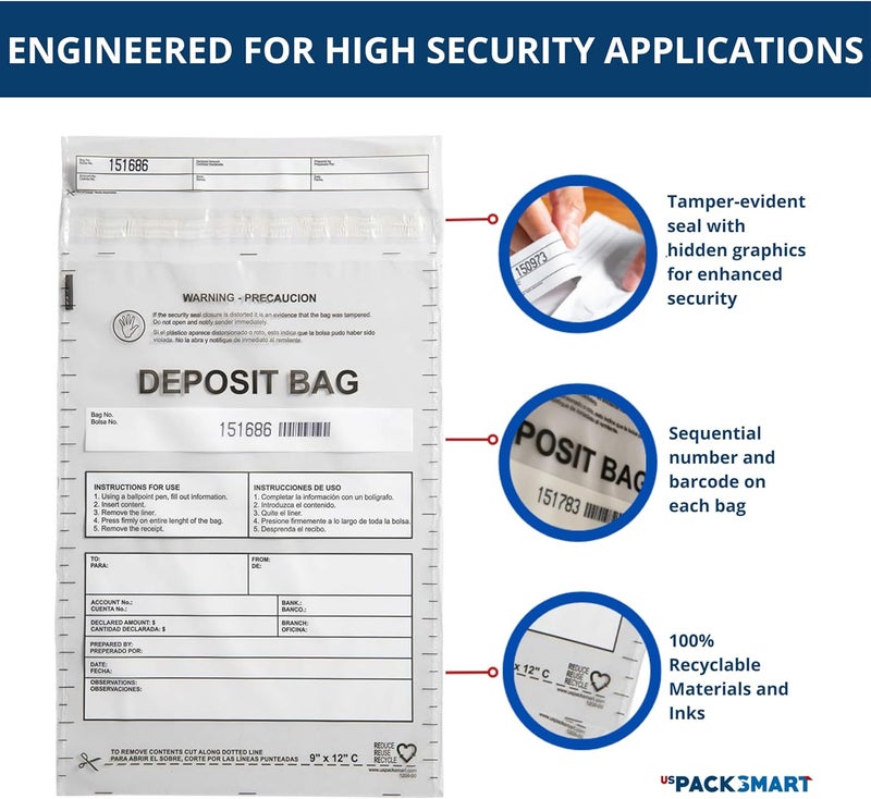 US PACK SMART Clear Plastic Deposit Bags 9"x12" | Secure Bank Deposits, Cash Handling or Safe Currency Transportation | Sequential Barcodes | Tamper-Evident | Tear-Off Receipt for Security | 100-Pack - Image 2