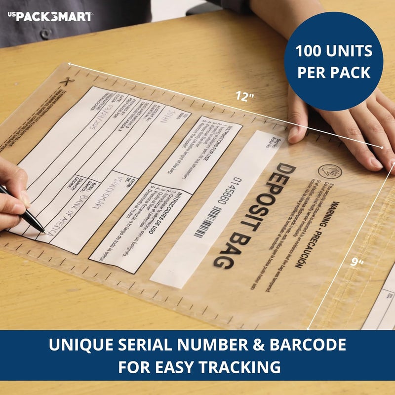 US PACK SMART Clear Plastic Deposit Bags 9"x12" | Secure Bank Deposits, Cash Handling or Safe Currency Transportation | Sequential Barcodes | Tamper-Evident | Tear-Off Receipt for Security | 100-Pack - Image 3