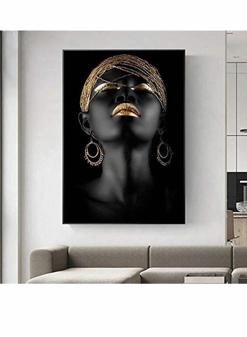 Captaintech Wall Painting, African Women Art Wall Decor Canvas Wall Art Original Designed Pop Gold earrings necklace Black Pretty Girl Style Painting on Canvas Poster Print without Frame ( 50 x 70 cm ) - Image 3