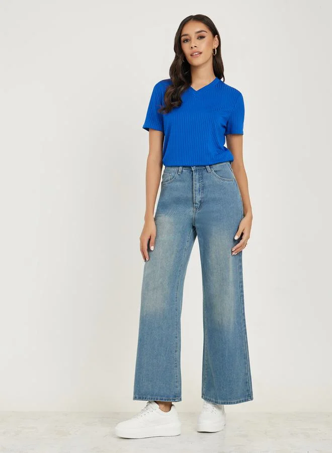 Styli Ribbed Regular Fit V Neck T-Shirt