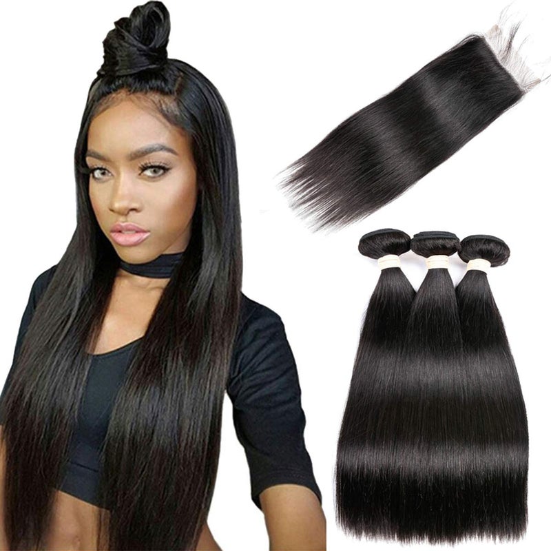 Beauhair Straight Hair Bundles with Closure Brazilian Straight Virgin Hair 3 Bundles with Lace Closure Free Part Human Hair Extensions Natural Black Color 16182016 Inch Bundles with Closure