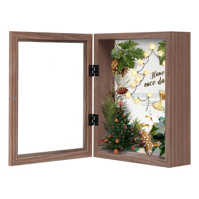 8X10 SHADOW BOX PICTURE FRAME 216 INTERIOR DEEP WOOD GLASS DISPLAY CASE READY TO HANG MEMORY BOX BABY SPORTS MEMORABILIA WEDDING TICKETS AND PHOTOS BROWN