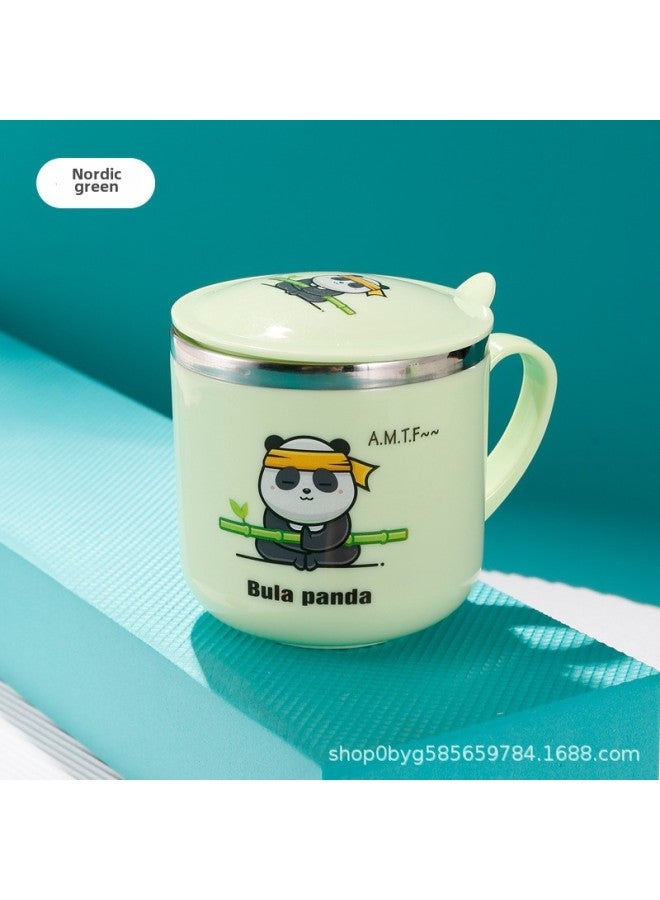 304 Stainless Steel Children's Straw Cup Baby Creative Cup Anti-scald Double Layer Heat Insulation Belt Cover With Handle Portable-Color:Ordinary Cover Nordic Green-Capacity:Children's Water Cup  - Image 1