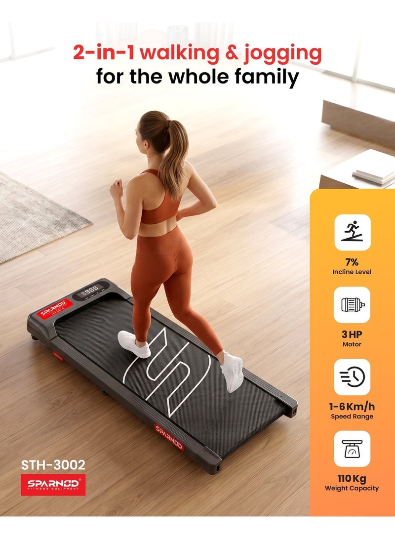 Sparnod Fitness STH-3002 Walking Pad & Treadmill | 2.5 HP DC Motor | Under Desk | Compact Ultra Slim | LED Display | Shock Absorption | 2-level manual incline | 1-6 km/h Speed | 100 kg Capacity - Image 2