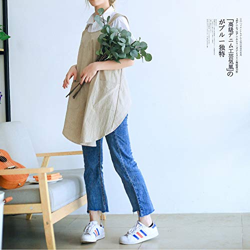 NEWGEM Japanese Linen Cross Back Kitchen Cooking Aprons for Women with Pockets Cute for Baking Painting Gardening Cleaning Khaki - Image 2
