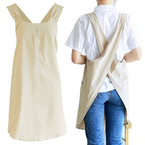 NEWGEM Japanese Linen Cross Back Kitchen Cooking Aprons for Women with Pockets Cute for Baking Painting Gardening Cleaning Khaki - Image 1