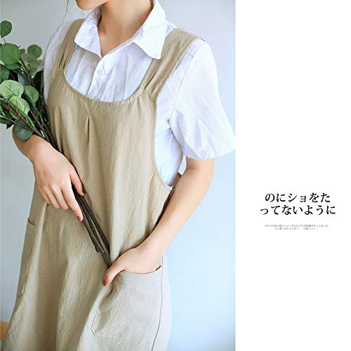NEWGEM Japanese Linen Cross Back Kitchen Cooking Aprons for Women with Pockets Cute for Baking Painting Gardening Cleaning Khaki - Image 4
