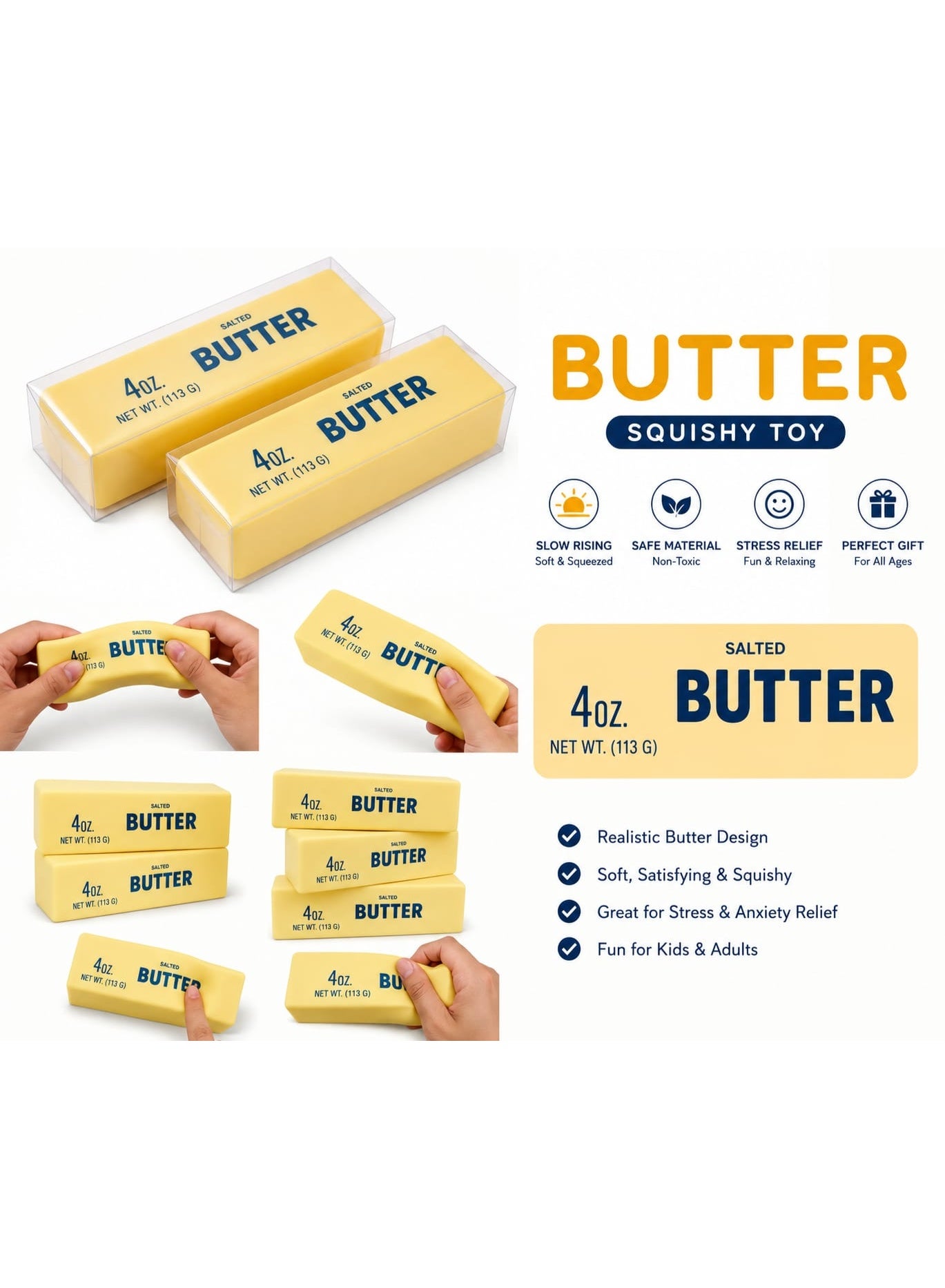 Butter Squishy Toys 3 PCS, Super Soft Butter-Shaped Slow Rising Squishy, Sticky Butter Sticks Squeeze Toys, Realistic Food Squishies Fidget Toys for Decompression Anxiety Relaxation (3 PCS)
