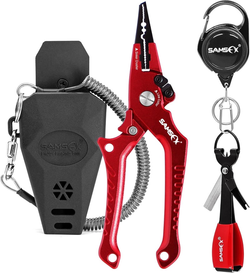 SAMSFX Aluminum Fishing Pliers Hook Remover Braid Line Cutter with Coiled Lanyard, Fly Fishing Knot Tying Tool & Retractors - Image 1