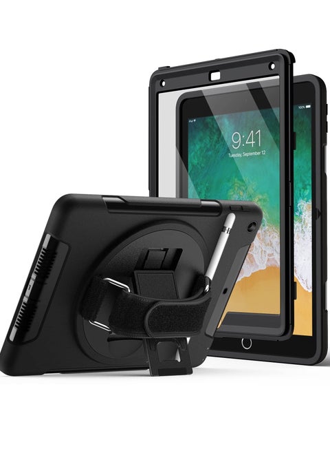 جراب iPad 9.7 بوصة مع واقي شاشة مدمج واقٍ مقاوم للصدمات وغطاء تابلت متين 360 درجة يدور بحزام يد أسود