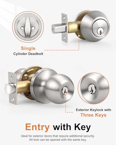 Probrico 5 Sets-Keyed Alike Entry Door Knob with Single Cylinder Deadbolts, Keyed Handleset for Front Door Exterior and Interior Hardware, Entry Lockset Lever Set Satin Nickel, Contractor Pack - Image 3