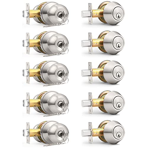 Probrico 5 Sets-Keyed Alike Entry Door Knob with Single Cylinder Deadbolts, Keyed Handleset for Front Door Exterior and Interior Hardware, Entry Lockset Lever Set Satin Nickel, Contractor Pack - Image 1