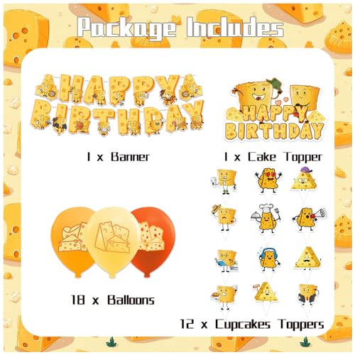 LHDUOFA Cheese Party Supplies Cartoon Birthday Decorations Including Happy Banner Cake Topper Cupcake Toppers Balloons for Baby Shower - Image 5