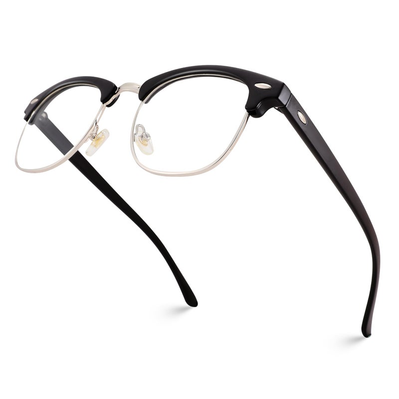 COASION Vintage Semi-Rimless Clear Glasses Fake Nerd Horn Rimmed Eyeglasses Frame (Matte Black/Silver Rimmed) - Image 2