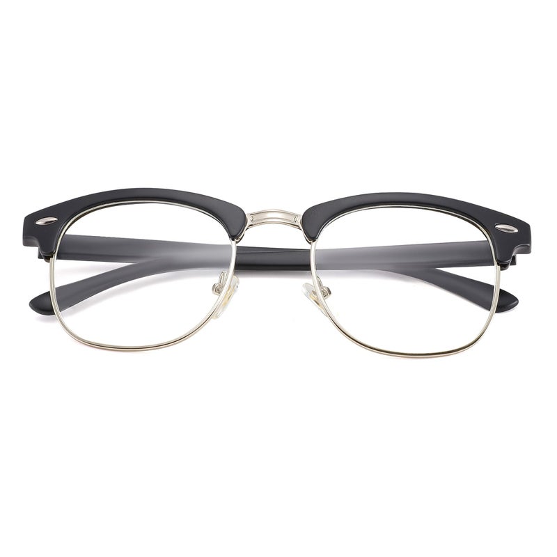 COASION Vintage Semi-Rimless Clear Glasses Fake Nerd Horn Rimmed Eyeglasses Frame (Matte Black/Silver Rimmed) - Image 1
