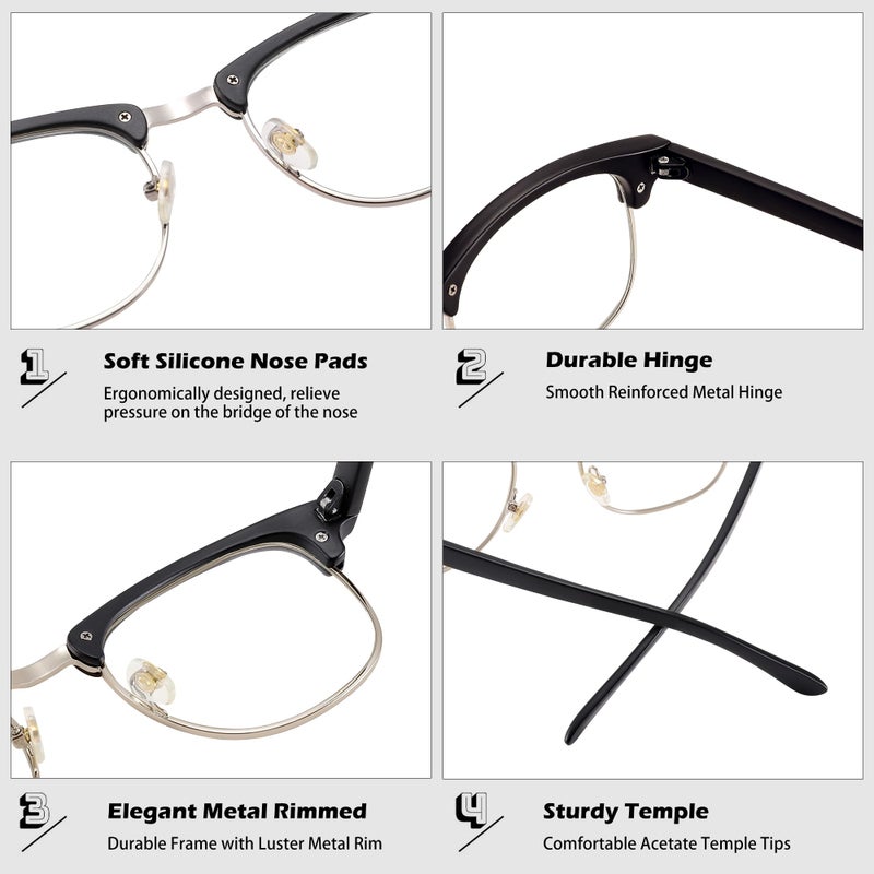COASION Vintage Semi-Rimless Clear Glasses Fake Nerd Horn Rimmed Eyeglasses Frame (Matte Black/Silver Rimmed) - Image 3