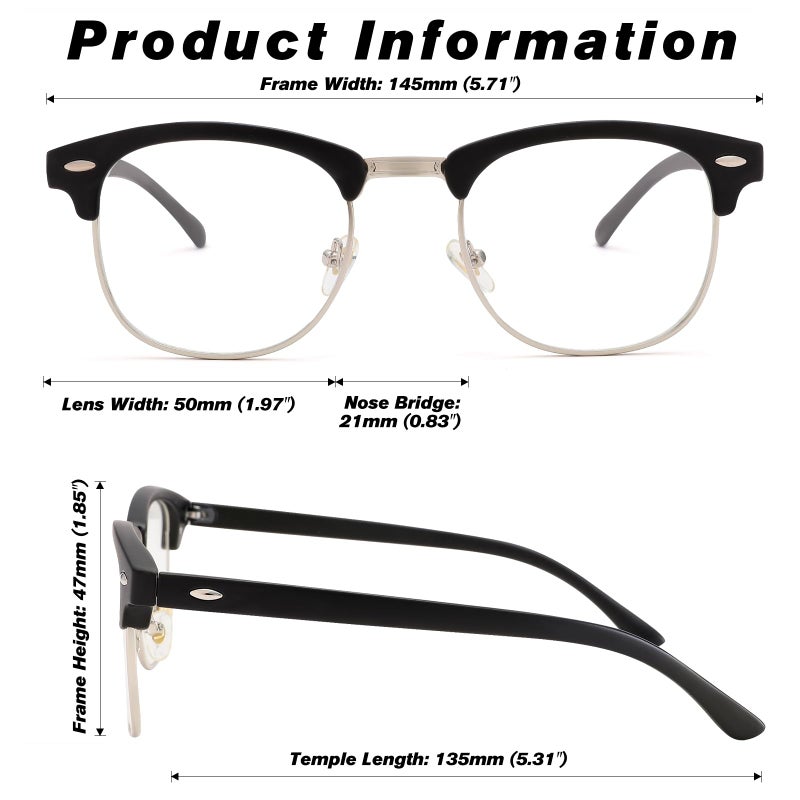 COASION Vintage Semi-Rimless Clear Glasses Fake Nerd Horn Rimmed Eyeglasses Frame (Matte Black/Silver Rimmed) - Image 4