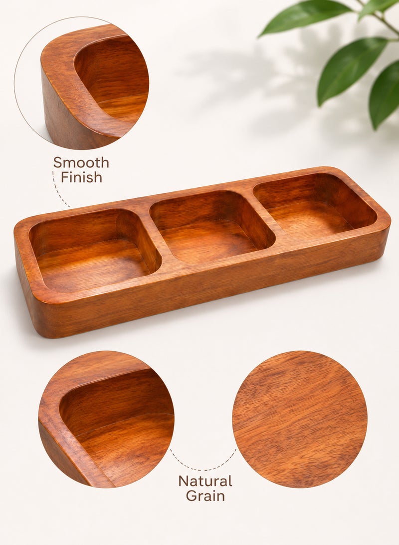 Aanya Homecraft Premium Acacia Wood 3-Partition Serving Platter,  Size: 40 x 14 x 3.5 cm – Handcrafted Rectangular Snack & Appetizer Tray, for Dining, Hosting & Gifting, Natural Brown - Image 3