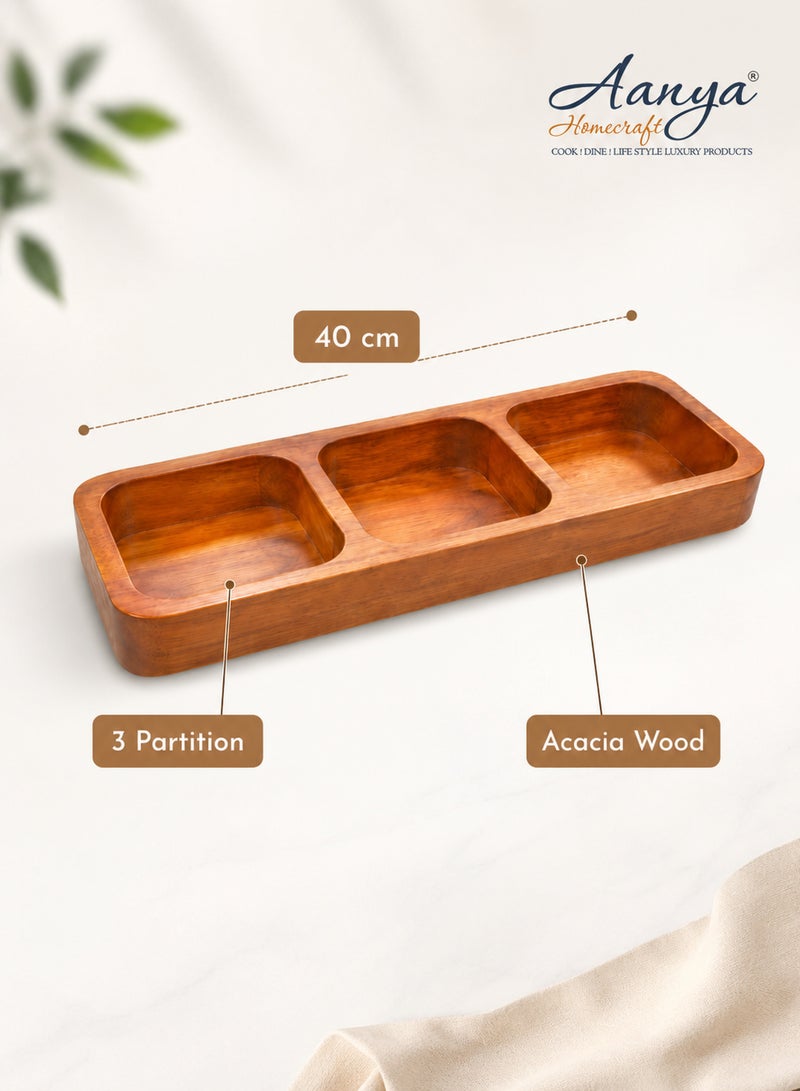 Aanya Homecraft Premium Acacia Wood 3-Partition Serving Platter,  Size: 40 x 14 x 3.5 cm – Handcrafted Rectangular Snack & Appetizer Tray, for Dining, Hosting & Gifting, Natural Brown - Image 4