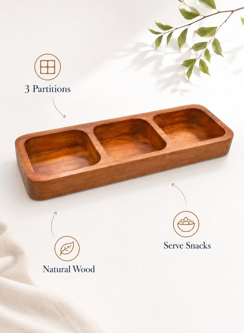 Aanya Homecraft Premium Acacia Wood 3-Partition Serving Platter,  Size: 40 x 14 x 3.5 cm – Handcrafted Rectangular Snack & Appetizer Tray, for Dining, Hosting & Gifting, Natural Brown - Image 2
