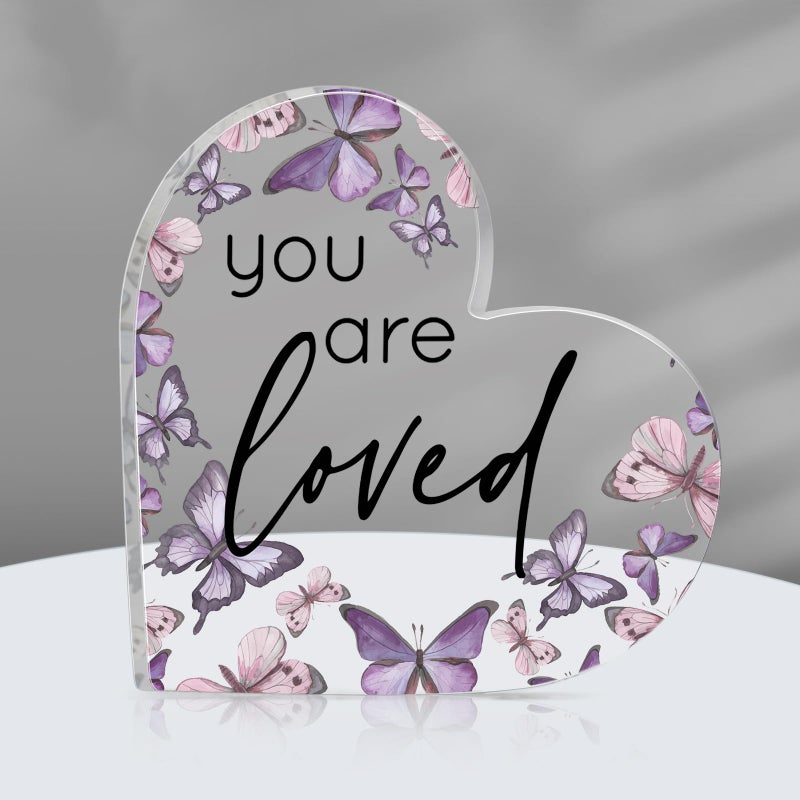 Yulejo Inspirational Butterfly Gift You Are Loved Decor Acrylic Heart Shaped Keepsake with Rustic Butterflies for Employee Appreciation Office Business Favor Back to School Gift Teacher(Purple) - Image 1