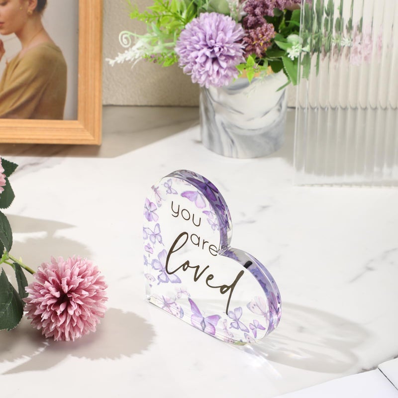 Yulejo Inspirational Butterfly Gift You Are Loved Decor Acrylic Heart Shaped Keepsake with Rustic Butterflies for Employee Appreciation Office Business Favor Back to School Gift Teacher(Purple) - Image 4