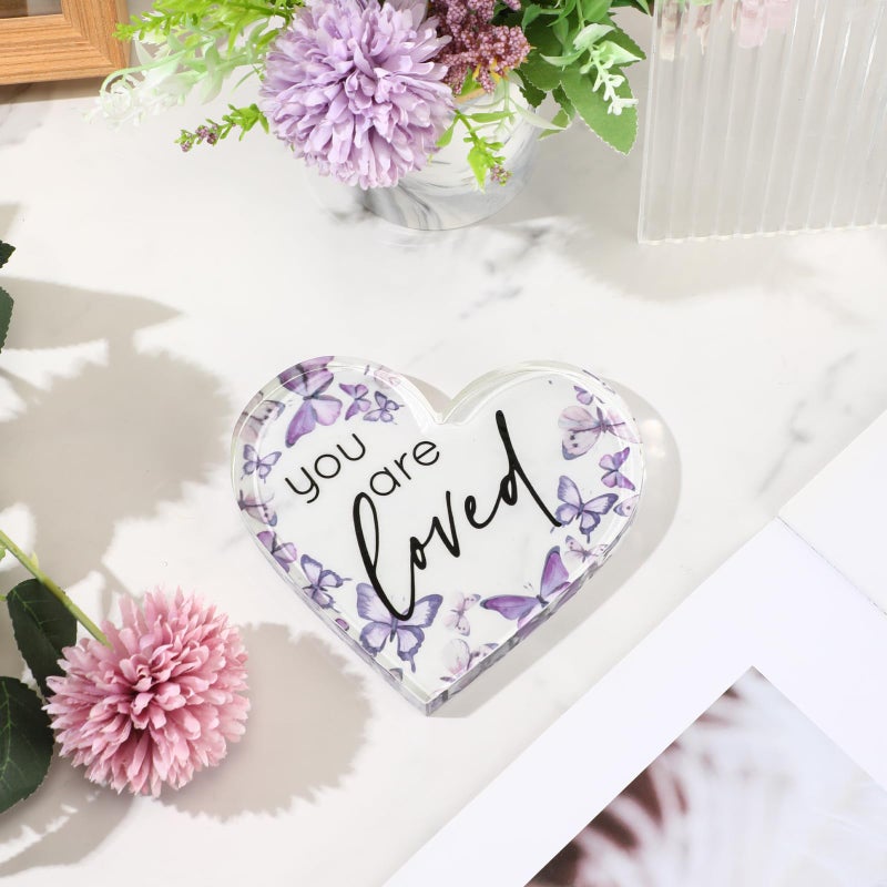 Yulejo Inspirational Butterfly Gift You Are Loved Decor Acrylic Heart Shaped Keepsake with Rustic Butterflies for Employee Appreciation Office Business Favor Back to School Gift Teacher(Purple) - Image 3