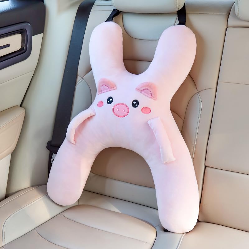 WASTROYAL Car Pillow for Travel – Animal-Themed Car Seat Cushion with Safety Belt Protector – 4 Cute Styles: Pig, Dog, Rabbit, Panda (Pig) - Image 1
