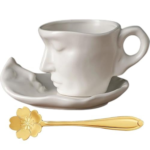 ONEUSTAR Tea Cup and Saucer Set 8.5 oz Ceramic Handmade Kissing Coffee Mug with Spoon for Women Valentine's Day, Wedding, Anniversary, Birthday Gift - Image 1