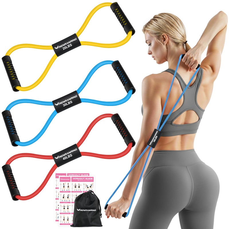 RENRANRING Figure 8 Fitness Resistance Bands with Handles - Exercise Tube Band Set of 3 for Arm and Shoulder Stretch, Rope 8 Word Elastic for Women and Men - Image 1