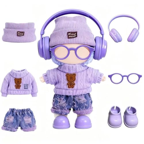VVQUI 17cm Handcrafted Doll Clothes NO Doll 6Piece Set Hat Sweaters Skirt Headphones Glasses Shoes Cute and Premium Dolls Outfit Accessories Purple Sweaters Suit - Image 1