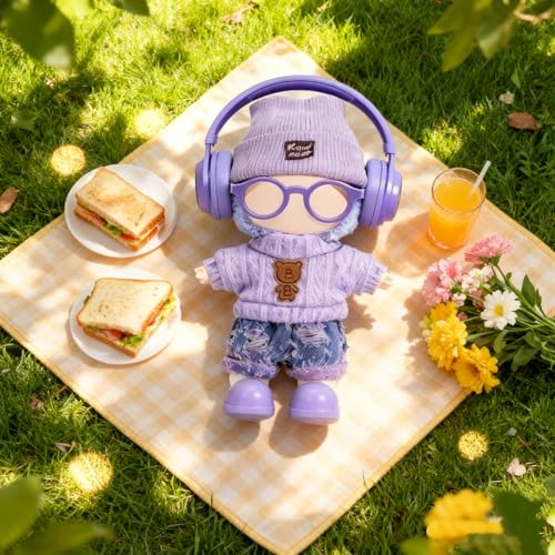 VVQUI 17cm Handcrafted Doll Clothes NO Doll 6Piece Set Hat Sweaters Skirt Headphones Glasses Shoes Cute and Premium Dolls Outfit Accessories Purple Sweaters Suit - Image 5