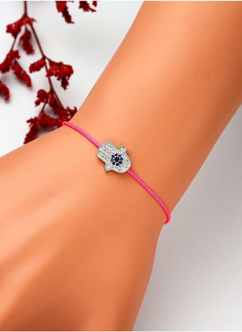 Moonmory 925 Sterling Silver Pink Rope Hand Bracelet For Women Evil Hamsa Eye Bracelet Fine Jewelry 19 CM Adjustable Mother's Day Ramadan Birthday Gift - Image 4