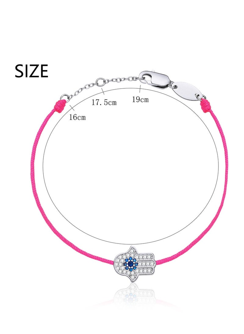 Moonmory 925 Sterling Silver Pink Rope Hand Bracelet For Women Evil Hamsa Eye Bracelet Fine Jewelry 19 CM Adjustable Mother's Day Ramadan Birthday Gift - Image 2