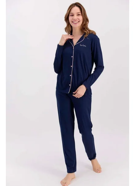 pierre cardin 7717 Women's Modal Long Sleeve Front Buttoned Pajama Set - Navy Blue
