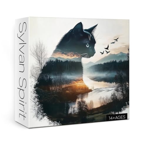 Larkipuzz Art Forest Cat Puzzles for Adults 1000 Pieces Challenging Mountain Plant Tree Kitten Jigsaw Puzzles Difficult Animal Kitty Scenic Painting Landscape Puzzle - Image 1