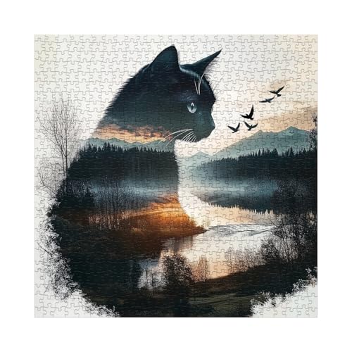 Larkipuzz Art Forest Cat Puzzles for Adults 1000 Pieces Challenging Mountain Plant Tree Kitten Jigsaw Puzzles Difficult Animal Kitty Scenic Painting Landscape Puzzle - Image 5
