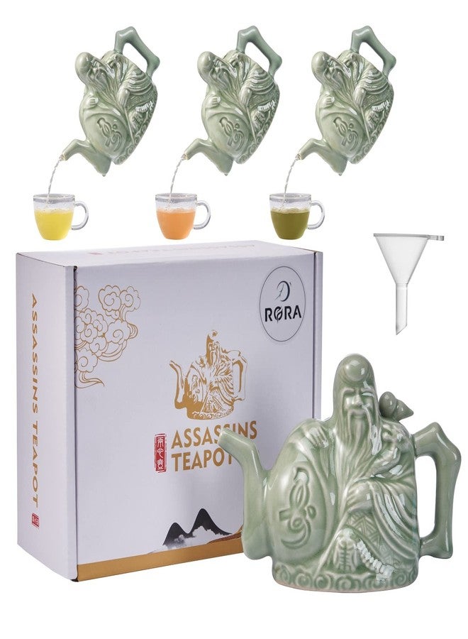 RORA Assassins Teapot Ceramic Handmade Magic Tea Kettle for Three Drinks in One Pot, Two Heart Design Chinese Tea Pot with Mini Funnel, 16 oz - Image 1