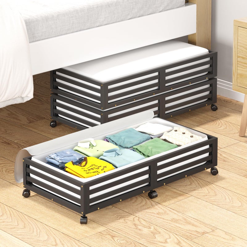 Wisuce Bamboo Under Bed Storage Containers- Underbed Organizer with Wheels with Large Dust Bag,Sturdy Wood Rolling Under the Bed Shoe Storage Organizer Drawer 2 Packs (Black, Long) - Image 5