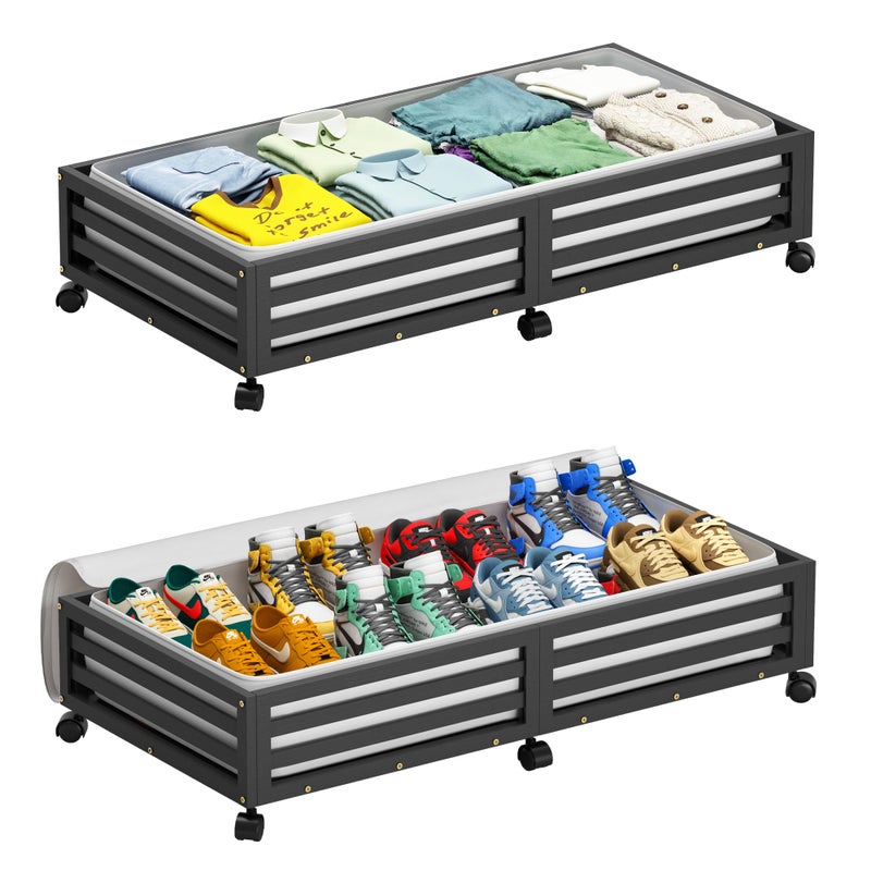 Wisuce Bamboo Under Bed Storage Containers- Underbed Organizer with Wheels with Large Dust Bag,Sturdy Wood Rolling Under the Bed Shoe Storage Organizer Drawer 2 Packs (Black, Long) - Image 1