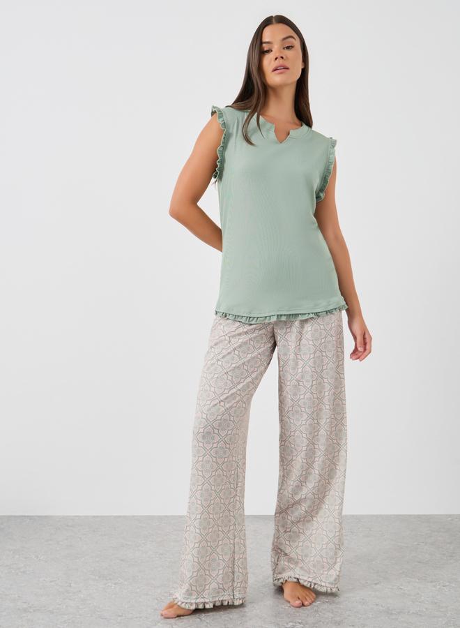 Styli Ribbed Notch Neck Ruffle Trim Tank and Printed Pyjama Set - Image 1